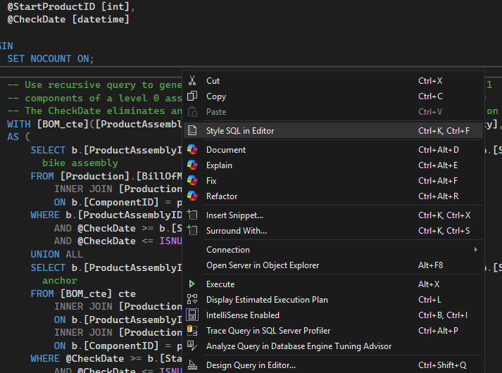 SSMS context menu open with Format with StyleSQL highlighted
