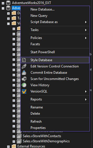 Object Explorer context menu: right-click database → Style Database
